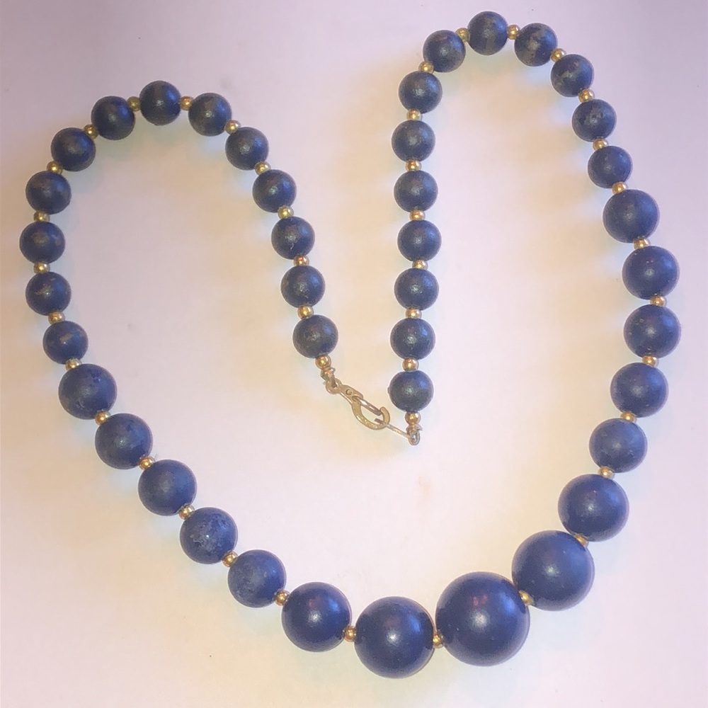 Vintage Navy Beaded Boho Necklace with Gold Tone Accents - Picture 2 of 6